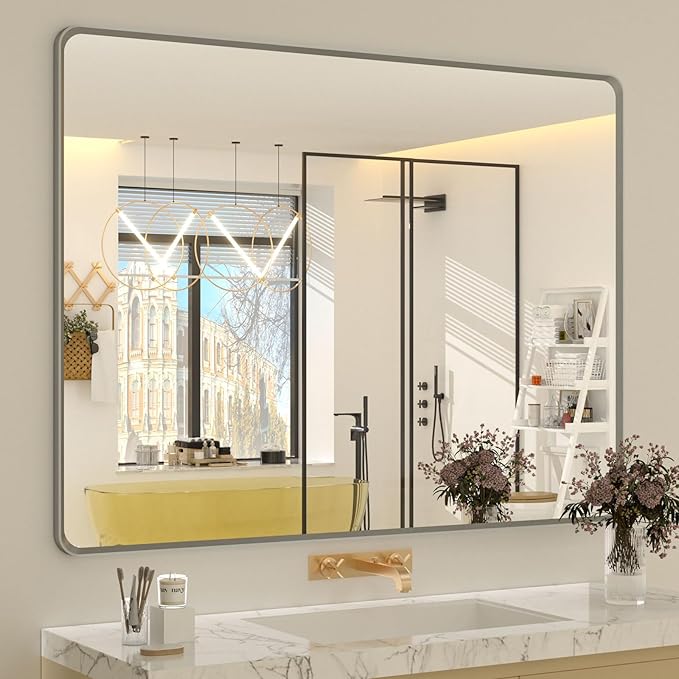 OKPAL 44 x 36 Brushed Nickel Bathroom Mirror for Wall, Rounded Rectangle Silver Framed Bathroom Vanity Mirror, Beveled Silver Vanity Mirror, Anti-Rust, HD Shatterproof Glass