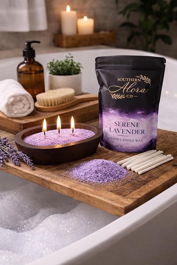 Candle Sand Wax 1 LB – Southern Alora Sand Candles with Wicks – Wax Beads with 10 Cotton Wicks – Refillable DIY Candle Kit for Wedding Centerpieces, Table Decor & Home Decor – Lavender Serenity