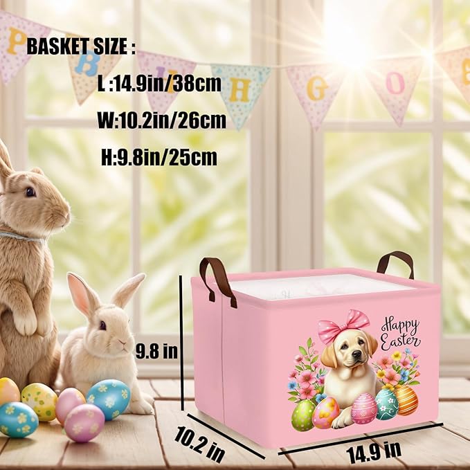 Large Cute Easter Basket for Kid Empty Gift Baby Rectangle Storage Bin Bunny Eggs Boy＆Girl Room Décor (Pink Dog)