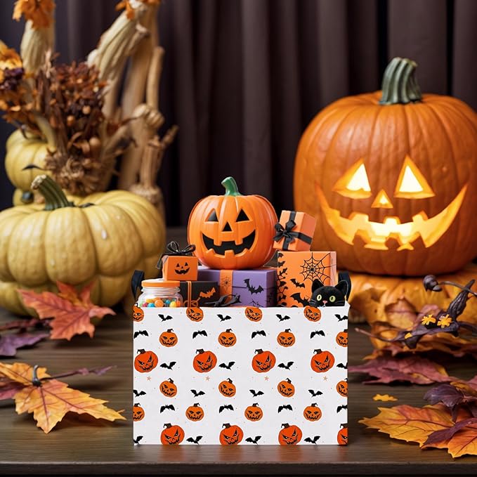 Large Halloween Basket Gift Personality Pumpkin Ghost Parties Decor Kid Trick or Treat Basket for Boys and Girls Rectangular Storage Bin Box (Pumpkin Bat)