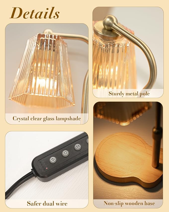 Candle Warmer Lamp, Wax Melt Warmer with 2 Bulbs for Scented Jar Candles, with Timer Dimmer Adjustable Height, Home Decor Gift for Girl Friend Mom Sister Women, No Flame No Smoke Warming Light, Amber