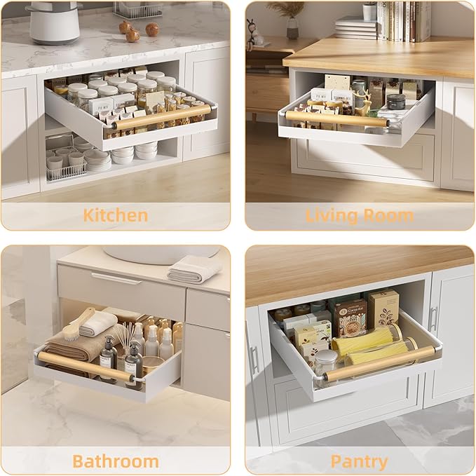 Pull Out Cabinet Organizer, 15.3'' Deep Expandable Slide Out Cabinet Organizer Fixed with Adhesive Nano Film, Slide Out Drawers Pull Out Tray for Cabinet in Kitchen, Pantry, Bathroom, White