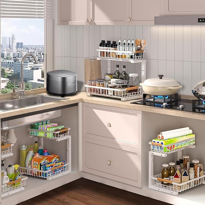 2 Pack Under Sink Organizers and Storage, Adjustable Height,2 Tier Pull Out Under Cabinet Organizer with 2 Hanging Cups and 6 Hooks,Slide Out Thickened Metal Undersink Organizers for Kitchen Bathroom