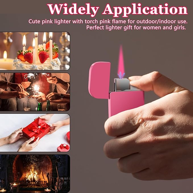 Pink Flame Torch Lighter, Cute Pink Lighter,Refillable Butane Lighter, Windproof Torch Lighter for Outdoor Camping BBQ Candle,Nice Gift for Girls,Women on Birthday,Anniversary (1 Pack,Without Butane)