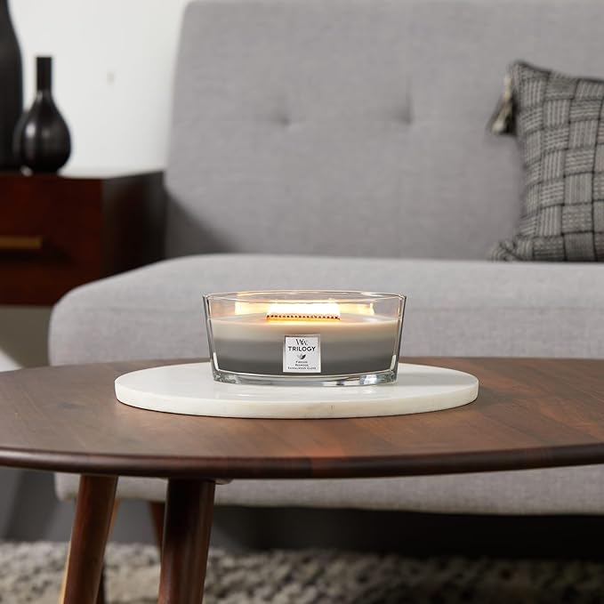 WoodWick Warm Woods Trilogy Holiday Candle Gifts for Women and Men, 16 oz Ellipse Trilogy Candle with Crackling Wick
