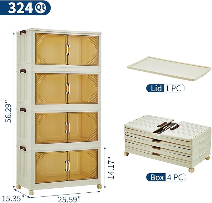 Garvee 324QT Stackable Storage Bins, Plastic Bins for Storage with Lids, Plastic Storages Drawers with Magnetic Doors & Wheels, Foldable Collapsible Closet Organizers for Home, Dorm, Office, White