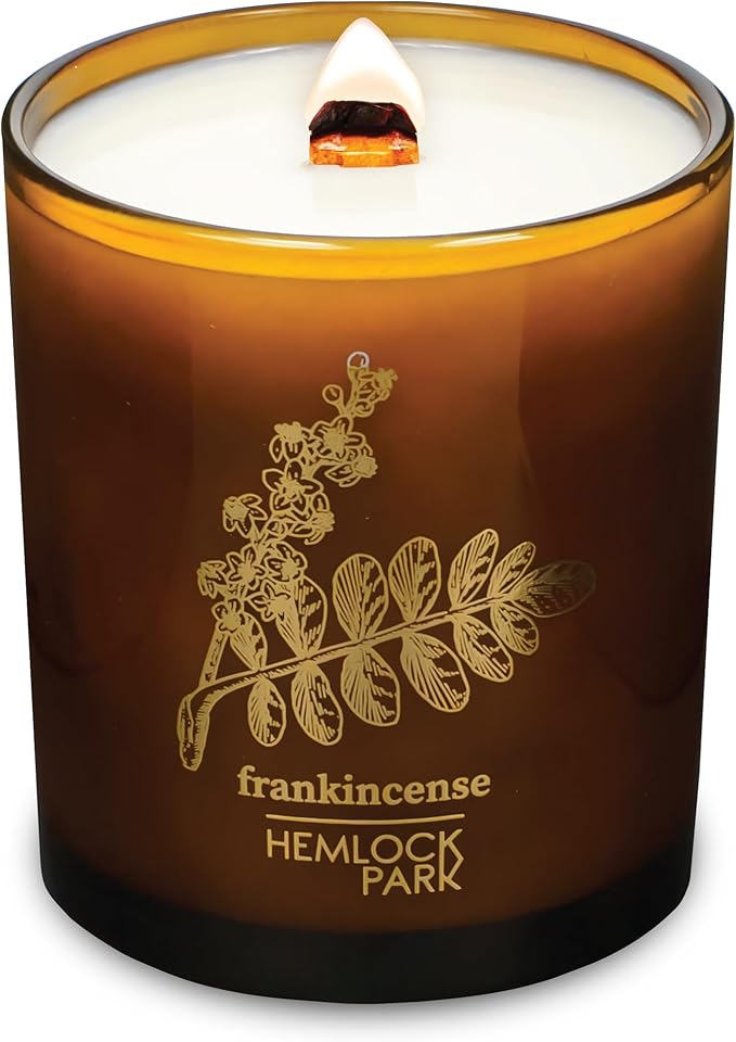 Hemlock Park Amber & Gold Wood Wick Candle Handcrafted with Natural Coconut Wax (Large 14 oz, Frankincense)