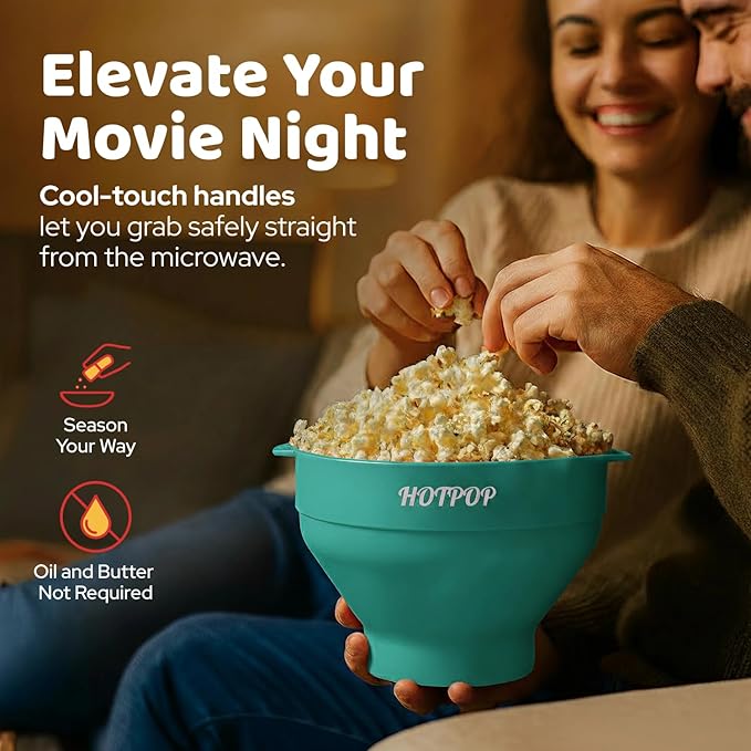 The Original Hotpop Microwave Popcorn Bowl Popper, Silicone Popcorn Maker, Collapsible Bowl and Dishwasher Safe- 20 Colors Available (Cyan)