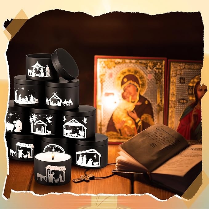 Willinglong 10 Pack Jesus Advent Candle Tins 4 oz Nativity Theme Empty Candle Jars with Lids Black for Making Candles DIY Christmas Catholic Christian Church Gift, Exquisitely Packaged