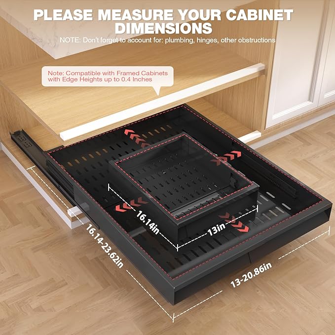 4 Pack Pull Out Cabinet Organizer With Raising Pad for Framed Cabinets,Expandable Width (13"-21") and Depth (17"-24"),3 Slide Rails Slide Out Drawers with Handle,No-Drill Roll Out Shelf,Black