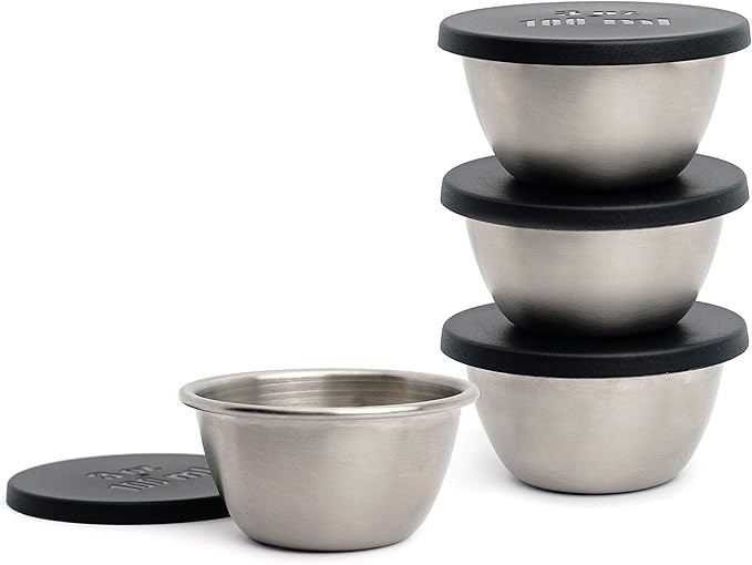 RSVP International Kitchen Prep Bowl Collection, Stainless Steel, Dishwasher Safe, Cup & Lid, 4 Piece, 3-ounce