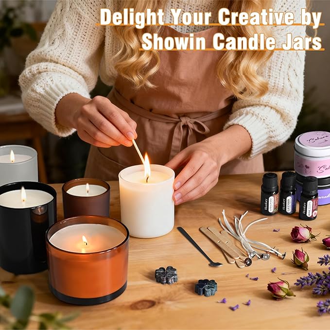 SHOWIN Thick Candle Jars for Making Candles 16 Pcs, 7 OZ Empty Jars with Wood Lids for Candle Making, Sample Container, Fall
