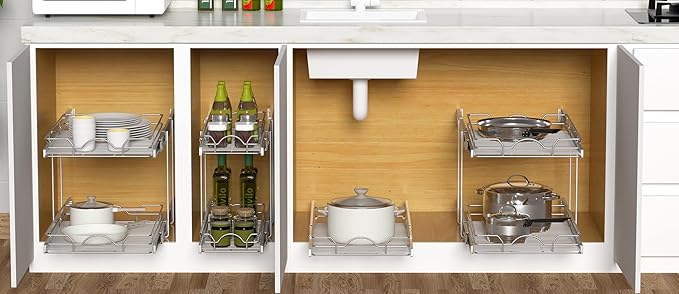 OCG Pull Out Cabinet Organizer (15" W x 21" D), Pull out Drawers, Cabinet Pull Out Shelves for Base Cabinet Organization in Kitchen Bathroom Pantry, Bottom Mount, Chrome Finish