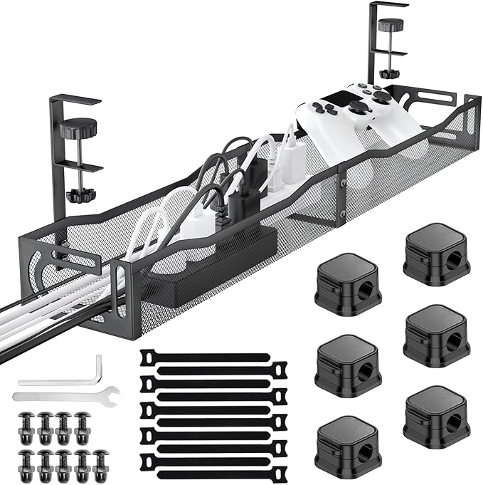 No Drill Under Desk Cable Management Tray, SONATURE 25.3" Cord Organizer for Table, Clamp Mount Desk Cable Management, Premium Carbon Steel Cable Organizer for Office, Home (Black)