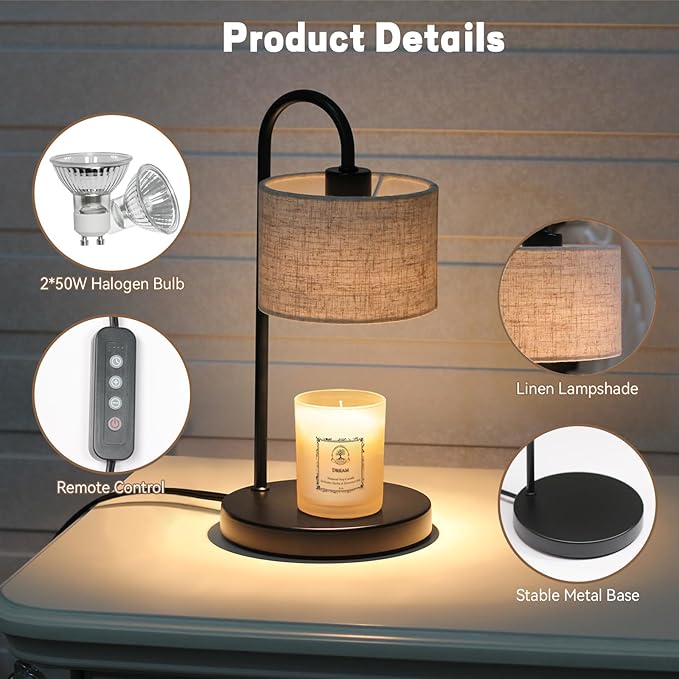FINCMY Candle Warmer Lamp with Timer, Dimmable Candle Wax Warmer Candle Lamp Warmer for Scented Candles with 2 Bulbs, House Warming Gifts Birthday Gifts for Women Home Decor - Linen