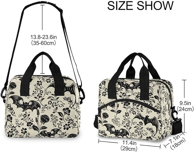 CBBYY Goth Bat Lunch Bags for Women Men, Reusable Insulated Lunch Box, Adjustable Shoulder Straps Tote Lunch Bag for Work Picnic School