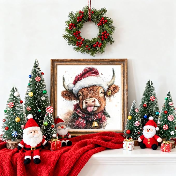 TCDZMYGS Paint by Numbers Kit for Adults Beginner,Christmas Highland Cow Paint by Number Kits with Frame,DIY Acrylic Oil Painting by Numbers for Home Wall Decor 10 x 10 inch