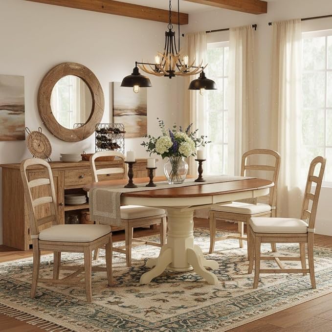 Furnifact Expandable Oval Dining Table, 18-Inch Butterfly Leaf, Classic Pedestal Base, Charming Buttermilk & Cherry Finish, Solid Asian Wood