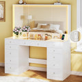 HUAHUU Vanity Desk with Mirror and Lights, 50" Makeup Vanity with Glass Top & Power Outlet, White Vanity with 11 Drawers & 8 Hidden Storage Shelves, 3 LED Lighting Modes Adjustable for Bedroom