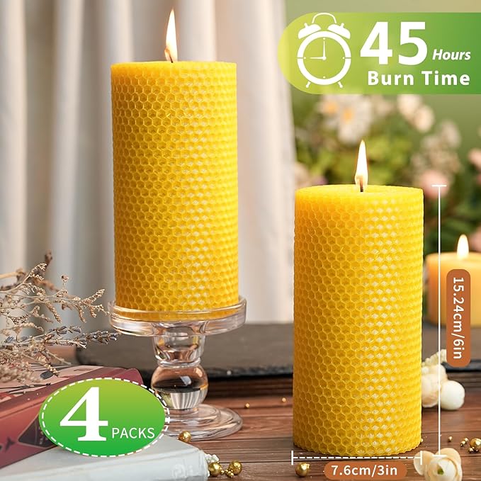 4 Packs 3x6 Inch Beeswax Candles, Large Honeycomb Beeswax Pillar Candles, 45 Hours Burn Time, Natural Pure Bees Wax Candle for Home Decor, Candle Lovers, Air Purify, Gift Sending