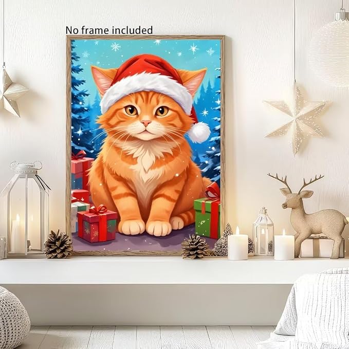QZOTRXI Christmas Cat Diamond Painting Kits, Cat Winter Diamond Art Kits for Adults, Animal 5D Diamond Art Painting, DIY Round Diamond Dot for Home Wall Decor Gifts 12x16 Inch