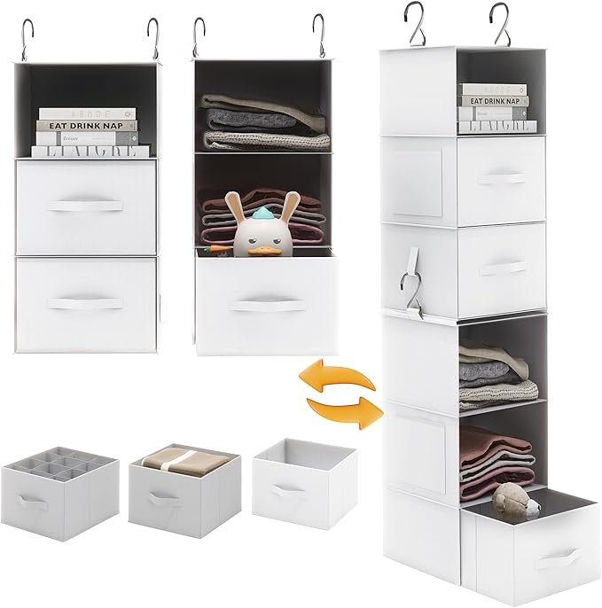 Twira 6-Shelf Hanging Closet Organizer, 2 Separable 3-Shelf Hanging Shelves, Hanging Storage with 3 Removanle Drawers 4 Side Pockets for Wardrobe, Nursery, Drom, Baby Clothes Organization White