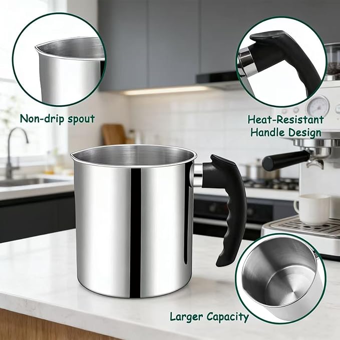 Candle Making Pouring Pot, 44oz Stainless Steel Candle Making Pitcher with Heat-Resistant Handle and Dripless Pouring Spout Design