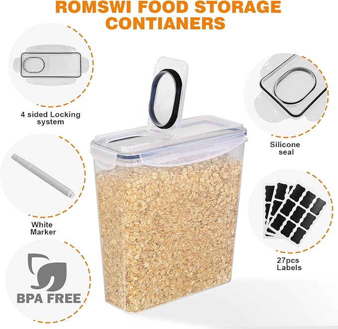 Romswi Airtight Food Storage Containers with Lids,24Pcs Pantry Organizers and Storage,BPA Free Cereal Containers Storage with 27 Labels and 4 Spoons,for Rice,Flour,Sugar and Noodles