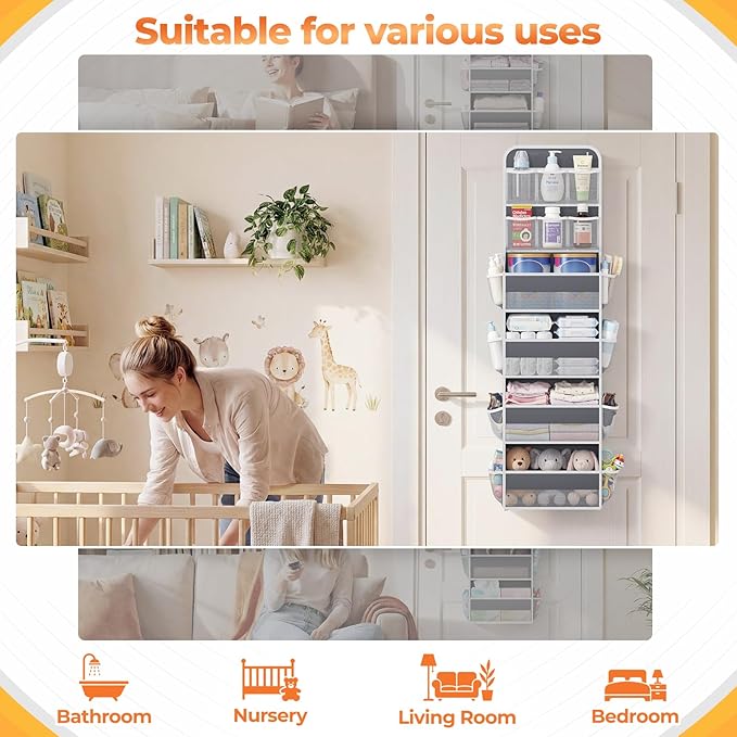 6-Tier Over The Door Organizer with Mesh Pockets, Baby Nursery Storage for Closet, Bathroom and Bedroom, Adjustable Hanging Closet Organizer for Cosmetics, Books and Essentials (Dark Grey)