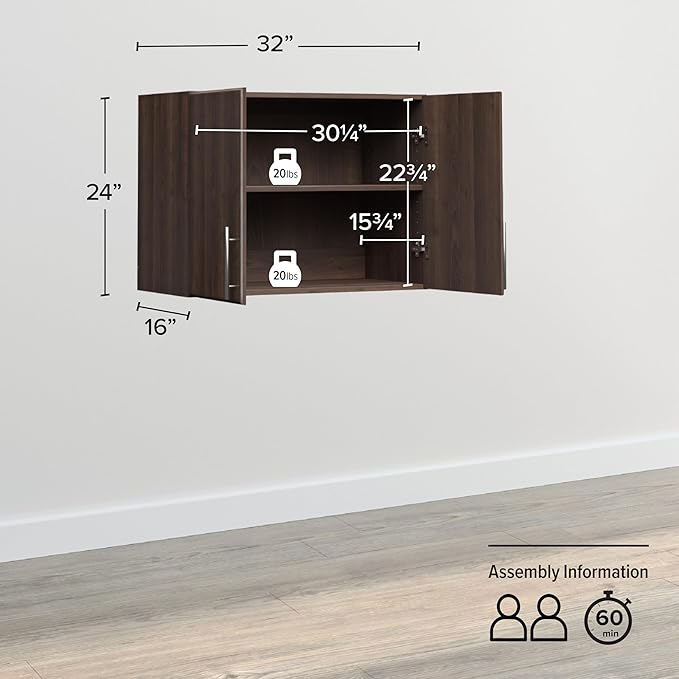 Prepac Brown Cabinet: Elite Wall Cabinet, EEW-3224 Garage Cabinet with Storage Shelf, Stackable 16"D x 32"W x 24"H, Perfect as a Garage Storage Cabinet with Doors and Shelves
