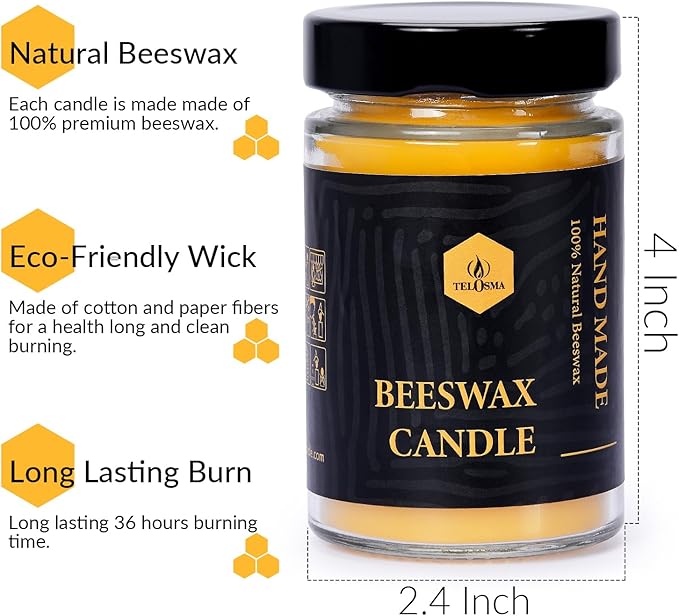 Set of 2 Beeswax Natural Scent Jar Candle in Glass Container, Natural Organic Candle Smokeless Clean Burn | 36 * 2 Hours Burning Time Emergency Candle, Yellow