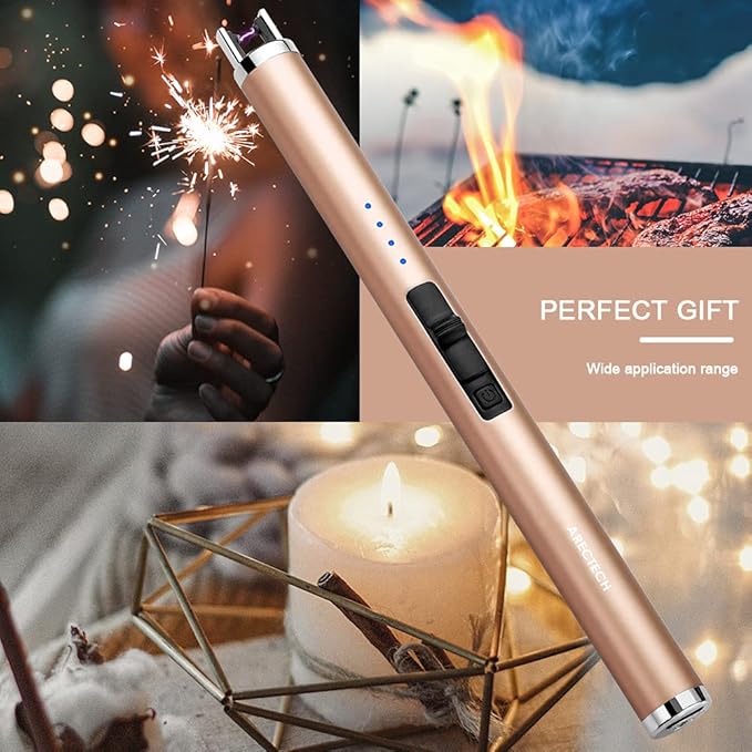 ARECTECH Rechargeable Electric Candle Lighter, Christmas Stocking Stuffers Gifts for Mom Men Wife, Arc Plasma Windproof Lighter for Candle Kitchen Birthday with Type-C Cable, Gold