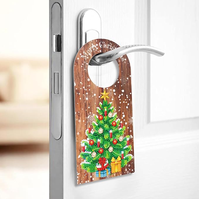 5D Diamond Dots Wood Christmas Door Knob Hanger Ornaments DIY Kit Diamond Art Painting Christmas Tree Hanging Sign Doorknob Pendant Special Shaped Crystal Paint by Number Stitch Room Front Door Decor