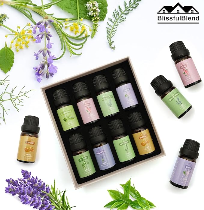 8 Pcs 100% Pure Floral Essential Oils Set for Diffuser, Home Care, Candle, Soap, Clean, Perfume, Laundry - Peppermint, Lavender, Rose, Clove - Organic Aromatherapy for Women and Mom Gift 10ml Each