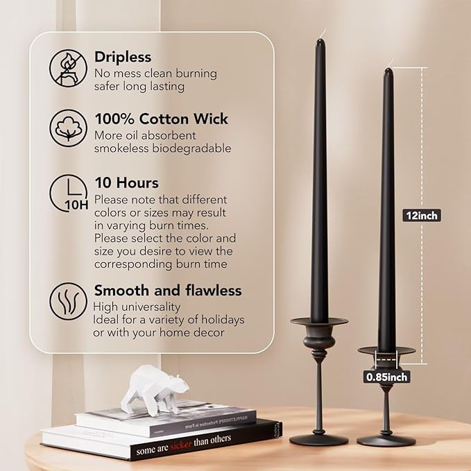 12-Inch Tall Dripless Taper Candles Set of 4 - Black Tapered Candles, Perfect for Halloween - Smokeless, Unscented, Long Burning - Hand Poured, Colored Tall Candlesticks - negras