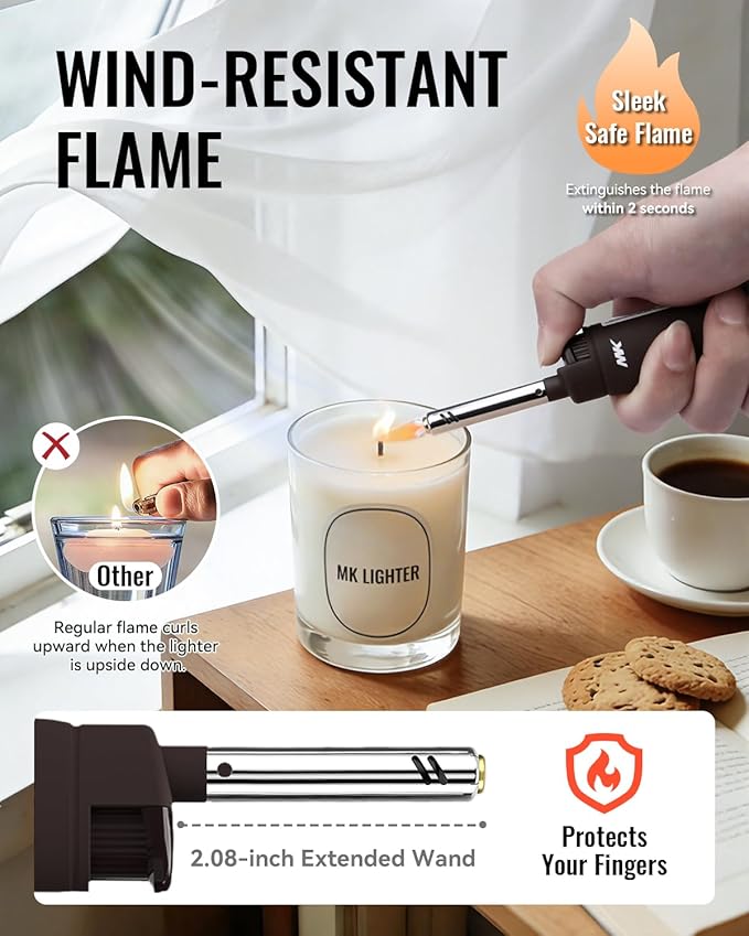 MK Candle Lighter, Butane Refillable Wind-Resistant Flame, 4-Pack for BBQ, Camping, Outdoor Use (Neutral-4PC)
