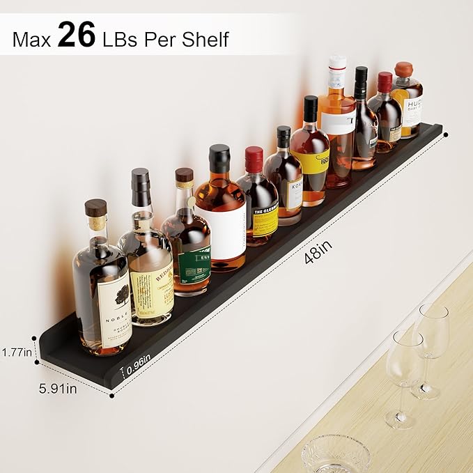 Love-KANKEI 48 Inch Long Floating Shelves Wall Mounted Set of 2, Large Wood Wall Shelves for Storage, Rustic Hanging Shelves for Display,Bedroom Living Room Bathroom Kitchen Office Black