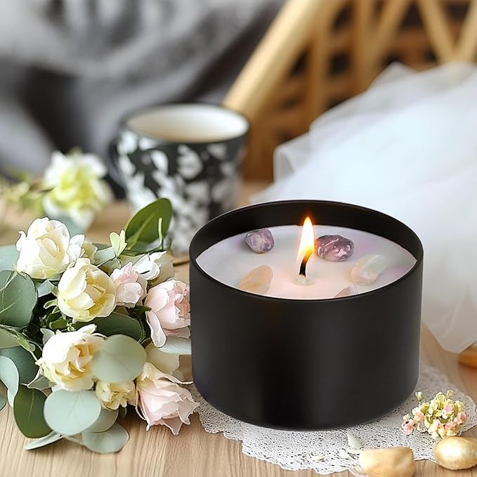 CONNOO 24 Pack Candle Tins, 12pcs 8 OZ & 12pcs 4 OZ Black Jars with Metal Wood-Grain Lids for Making Candles, Bulk Empty Containers for Candle Making, Wick Kit Included