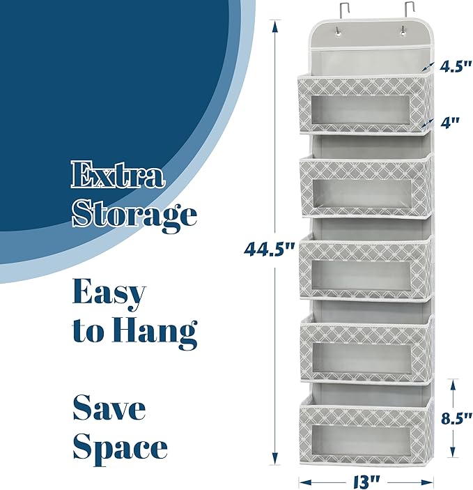 Simple Houseware 5 Clear Window Pocket Over Closet Door Storage Hanging Organizer for Bedroom, Bathroom, Pantry, Geometric Gray