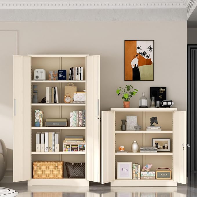 Superday Metal Storage Cabinets, 71" Storage Cabinet with Locking Door, Tall Garage Cabinet with 2 Doors and 4 Adjustable Shelves for Home Office, Classroom, Easy Assemble((Putty)