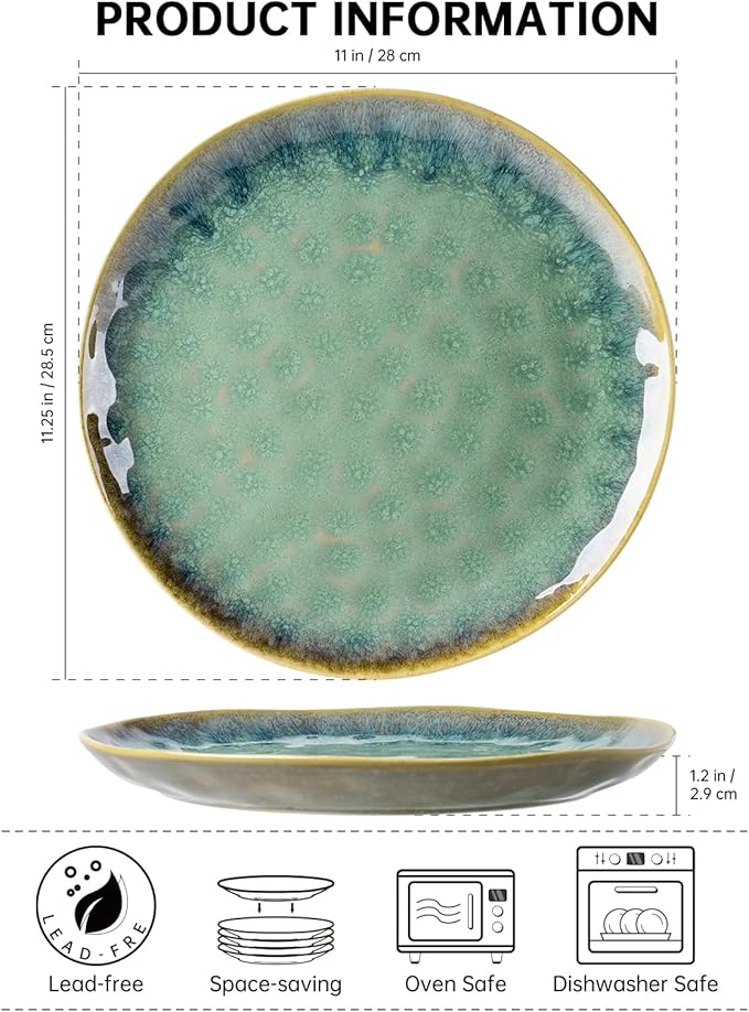 Henten Home Ceramic Dinner Plate Set, 11 Inch Porcelain Pizza, Pasta, Salad Plates, Irregular Shape Steak Plates Set of 4, Stoneware Serving Dishes for Kitchen (Green)