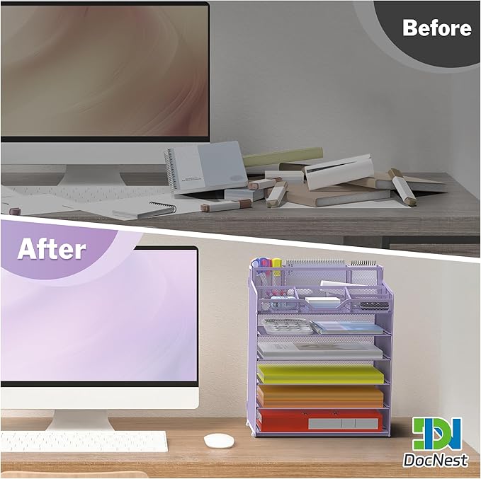 Docnest 6 Tier Mesh Desk Organizer for Paper Office Supplies – Multi-Functional Letter Tray with 5 Adjustable Compartments, 5 Pen Holders, Desktop Storage for Files, Mail, Stationery – Purple