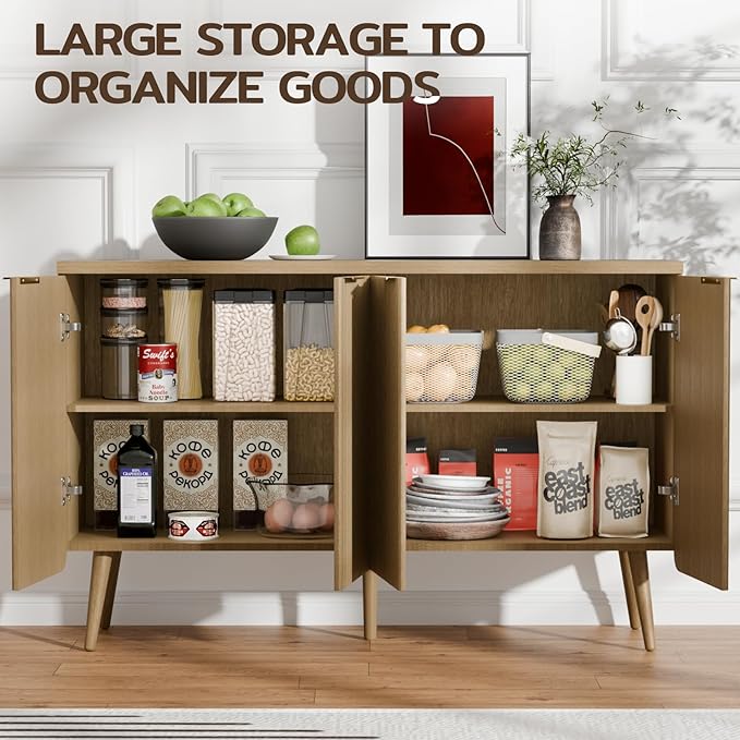 47.2" Sideboard Buffet Cabinet with Storage, Modern Fluted Accent Credenza with 4 Doors, Buffet Media Console Entryway Cabinet with Adjustable Shelve for Living Dining Room Hallway, Natual Oak