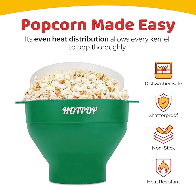 The Original Hotpop Microwave Popcorn Popper, Silicone Popcorn Maker, Collapsible Bowl BPA-Free and Dishwasher Safe- 20 Colors Available (Olive Green)