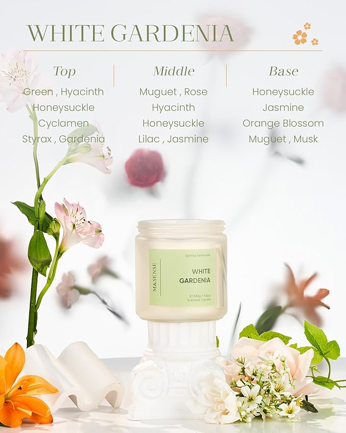 M&SENSE White Gardenia Scented Candle, 11.6oz Natural Soy Wax Non Toxic, 70-Hour Long Lasting Burn Time, 2-Wick Aromatherapy Gifts for Her, Spring Home Refresh & Romance