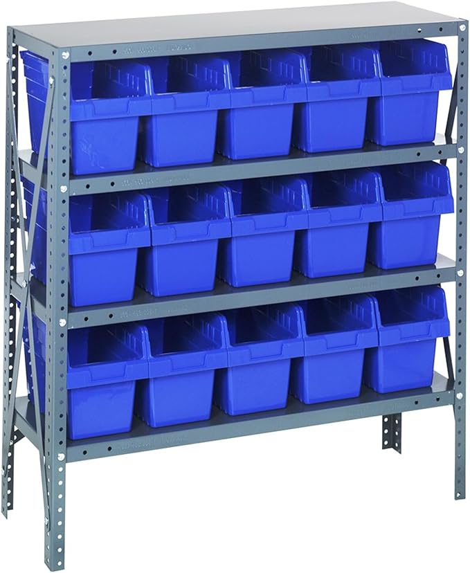 Quantum Storage Systems 1839-SB804BL Solid Heavy Duty 4 Shelves 15 STORE-MAX Blue Bins 39" H x 36" W x 18" D