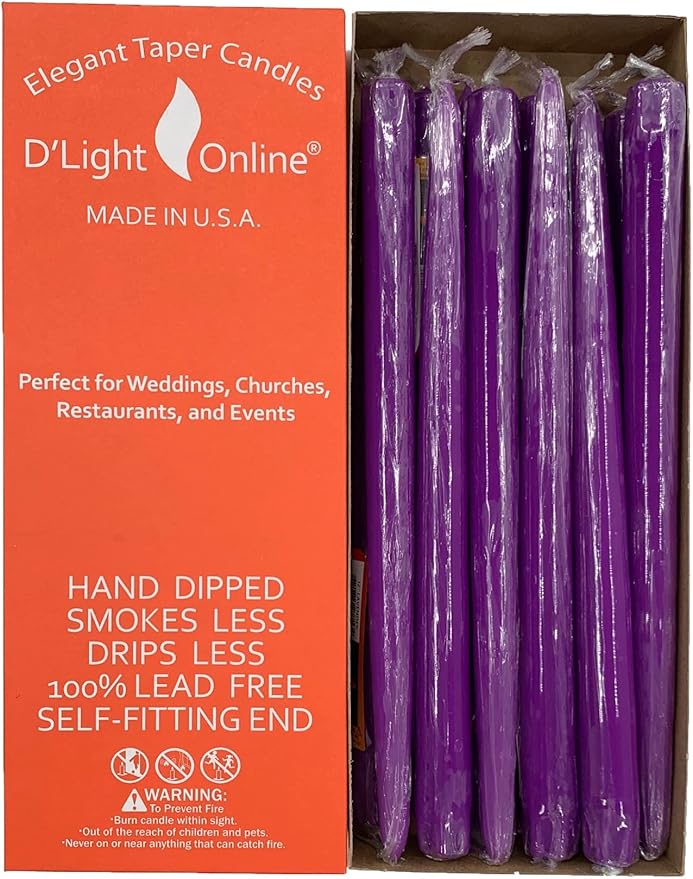 D'light Online Elegant 10" Unscented Purple Taper Candles, Premium Quality Hand-Dipped Tapered Candles, Dripless Tapers and Smokeless - Individually Wrapped (10 Inch, Purple)