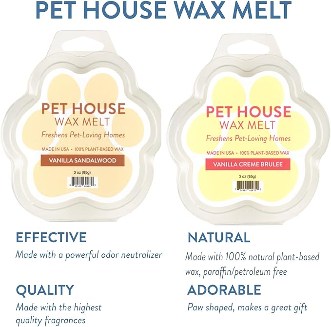 Pet House Vanilla Sandalwood, Vanilla Creme Brulee Scented Wax Melts - Long-Lasting Plant Based Soy Wax Melts Pet Friendly Pack of 2
