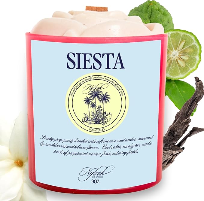 Body Oil Massage Candle | Melts into Skin Softening Warm Massage Oil - Natural Wood Wick - Soy & Coconut Wax – Sandalwood & Amber with Eucalyptus Notes – Self Care Gift (Siesta 9oz)
