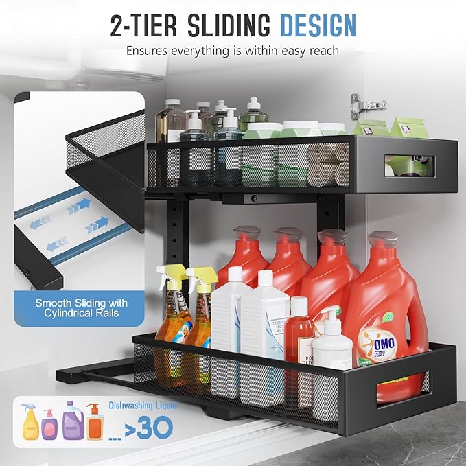 2-Pack Under Sink Organizers And Storage,Large Capacity 2-Tier Pull-Out Cabinet Organizer With Upgraded Tube Rails,Adjustable Height Sliding Drawers,Sturdy Mesh Shelves For Kitchen&Bathroom-Black